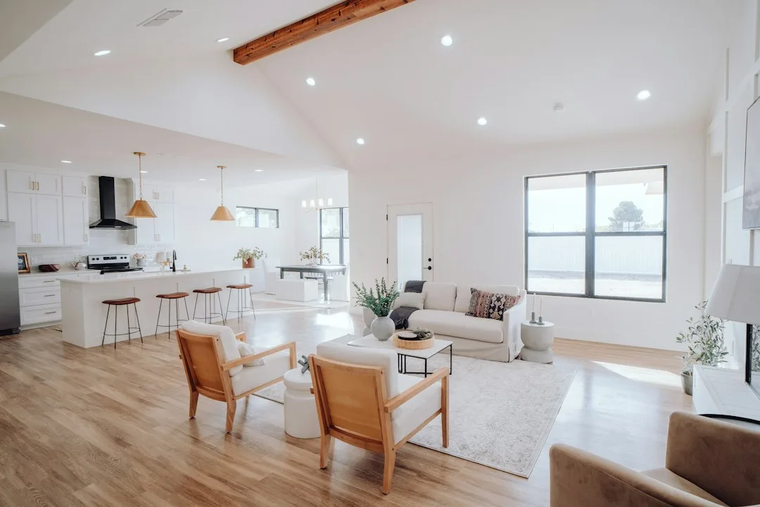Clean minimalist living room with neutral sofa indoor plant and natural window light