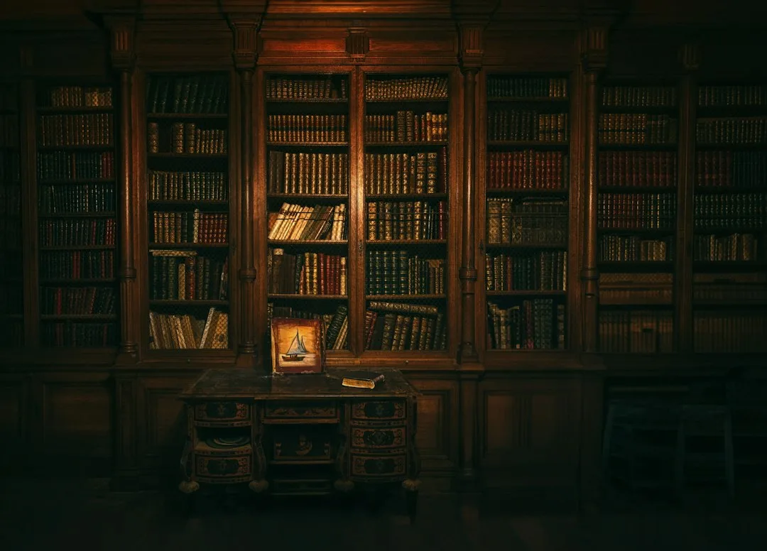 Wooden shelves lined with colorful hardback books inside quiet community public library